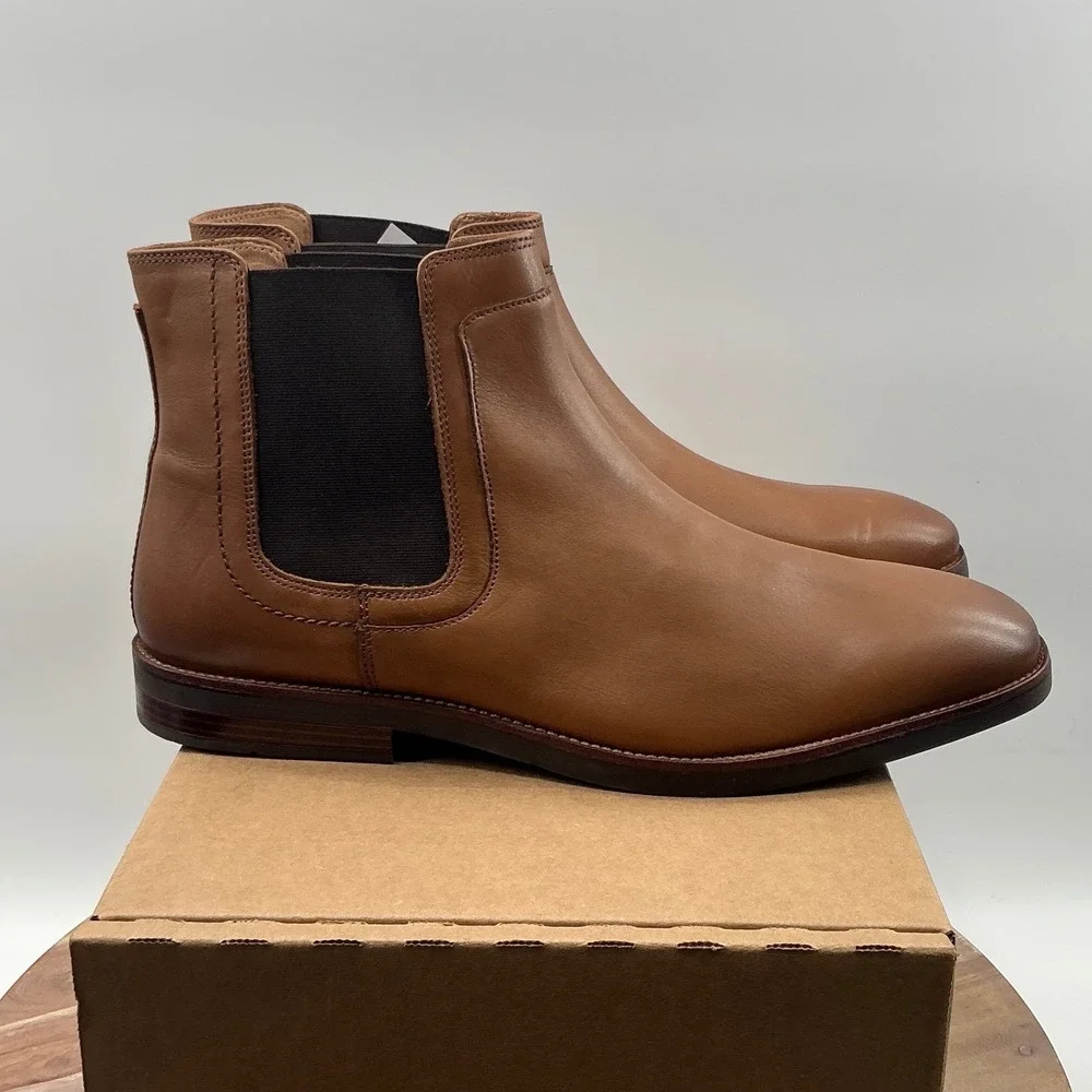 Johnston & Murphy Mens Tan Leather Chelsea Boots Burnished Almond Toe Pull On